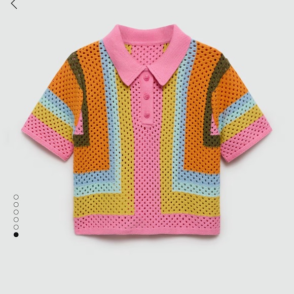 Crochet collard polo shirt. Pink buttons multi color knit - Picture 5 of 10